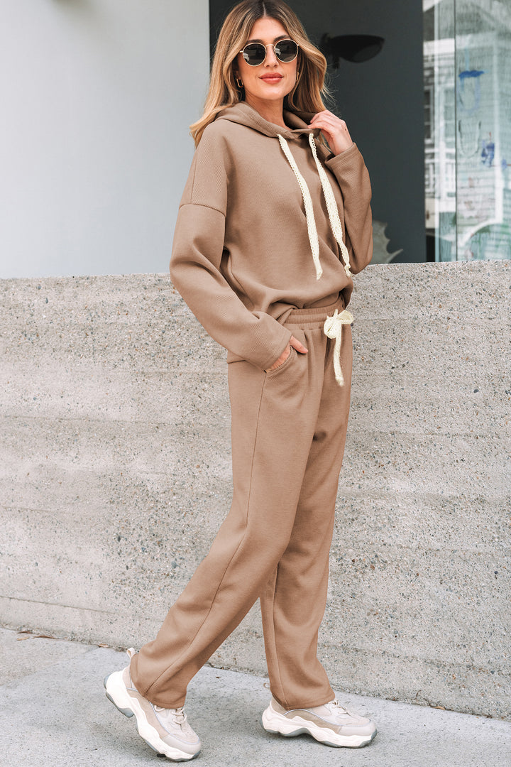 Casual Lace Drawstring Pullover Hoodie and High Waist Pants Corduroy Suit