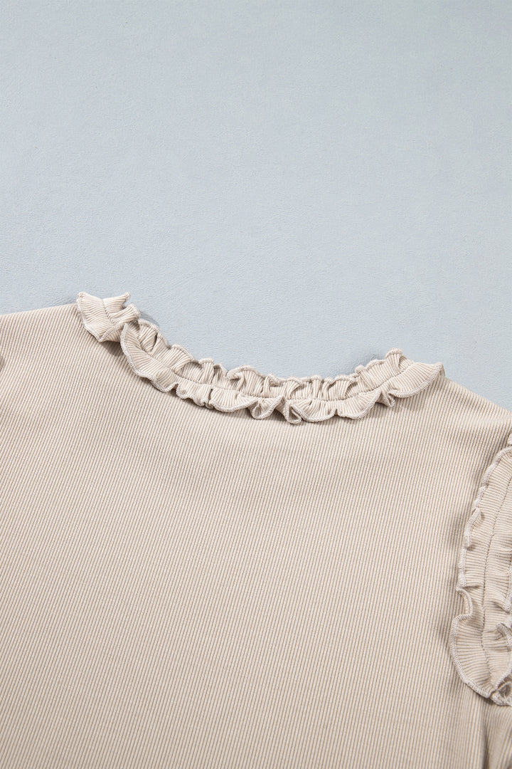 Beige Solid Color Round Neck Frill Detail Long Sleeve Top