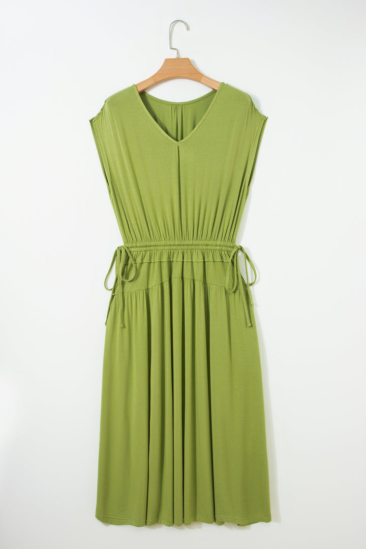 Fern Green Solid V Neck Cap Sleeve Tunic Elastic Waist Versatile Maxi Dress