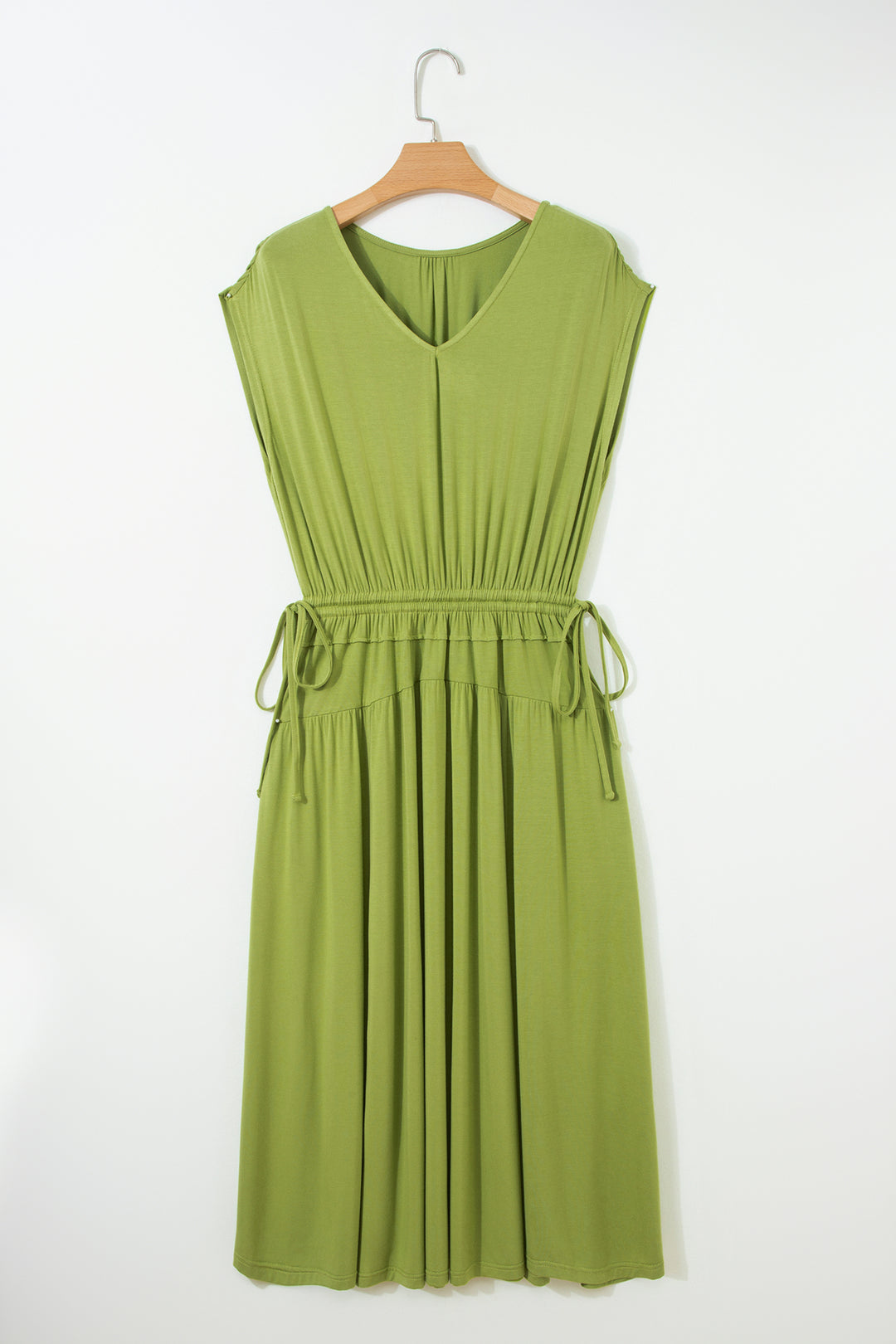 Fern Green Solid V Neck Cap Sleeve Tunic Elastic Waist Versatile Maxi Dress