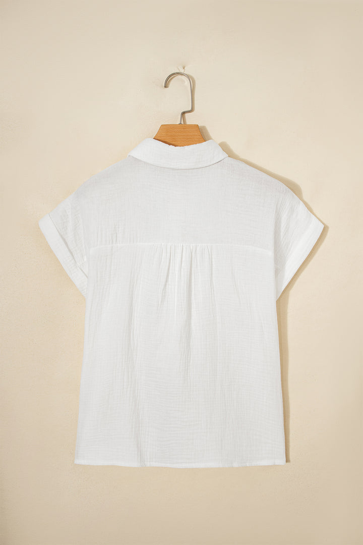 White Lace Trim Cuffed Short Sleeve Textured Shirt