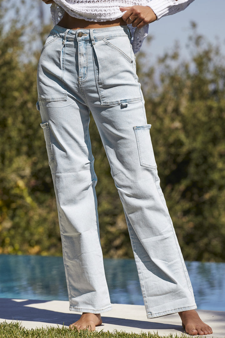 Sky Blue Multi Pocketed Y2K Street Fashion Shift Jeans