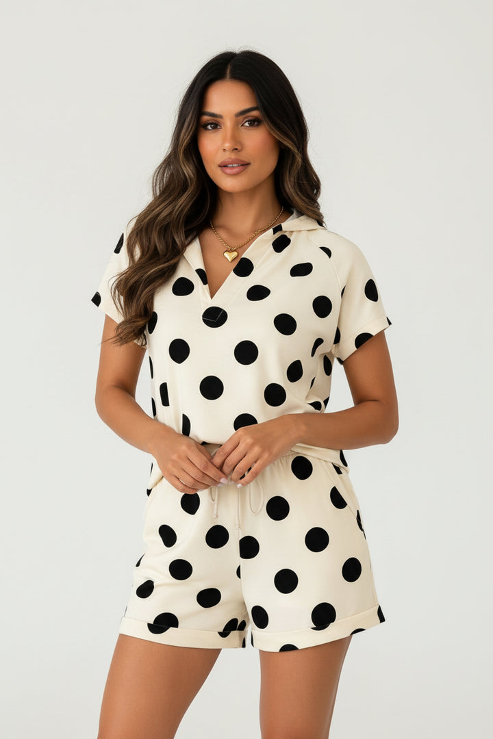 Pink Polka Dot Print V Neck Tee Short Set