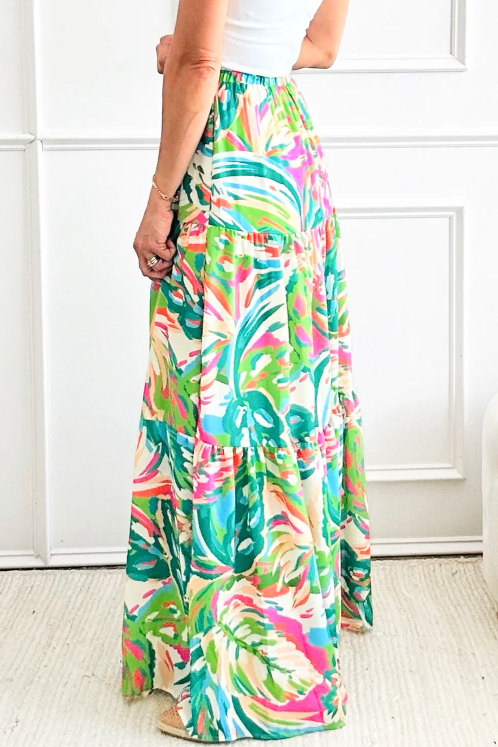 Green Abstract Printed High Waist Tiered Maxi Skirt | Women