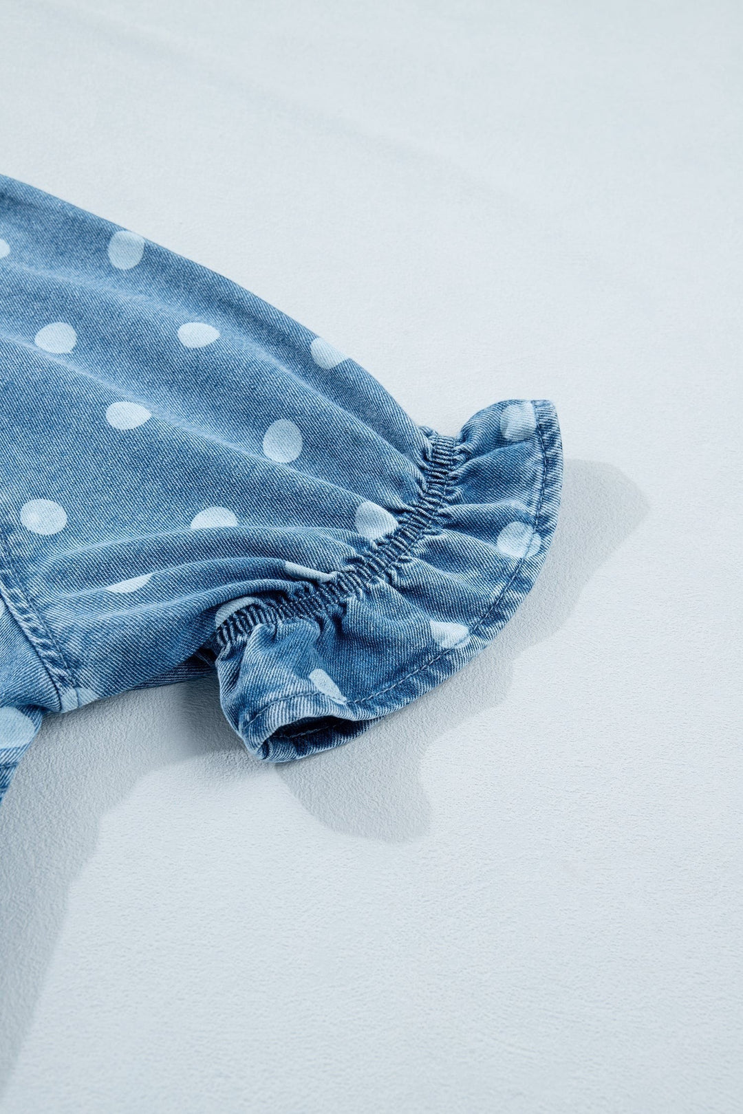 Sky Blue Polka Dot Print Ruffled Short Puff Sleeve Button Down Loose Denim Dress