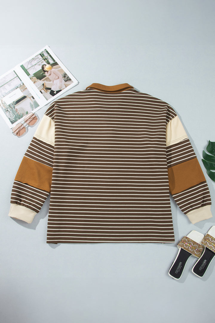 Brown Stripe Colorblock Detail Collar V Neck Plus Size Long Sleeve Top