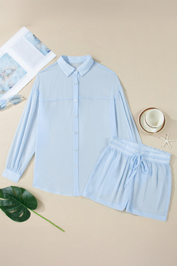 Beau Blue Sheer Tunic Shirt Drawstring Shorts 2pcs Swim Cover Up