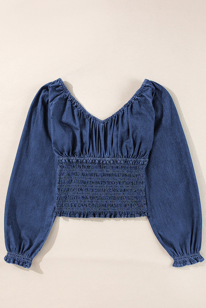 Dark Blue Smocked Ruffle Puff Sleeve V Neck Denim Top