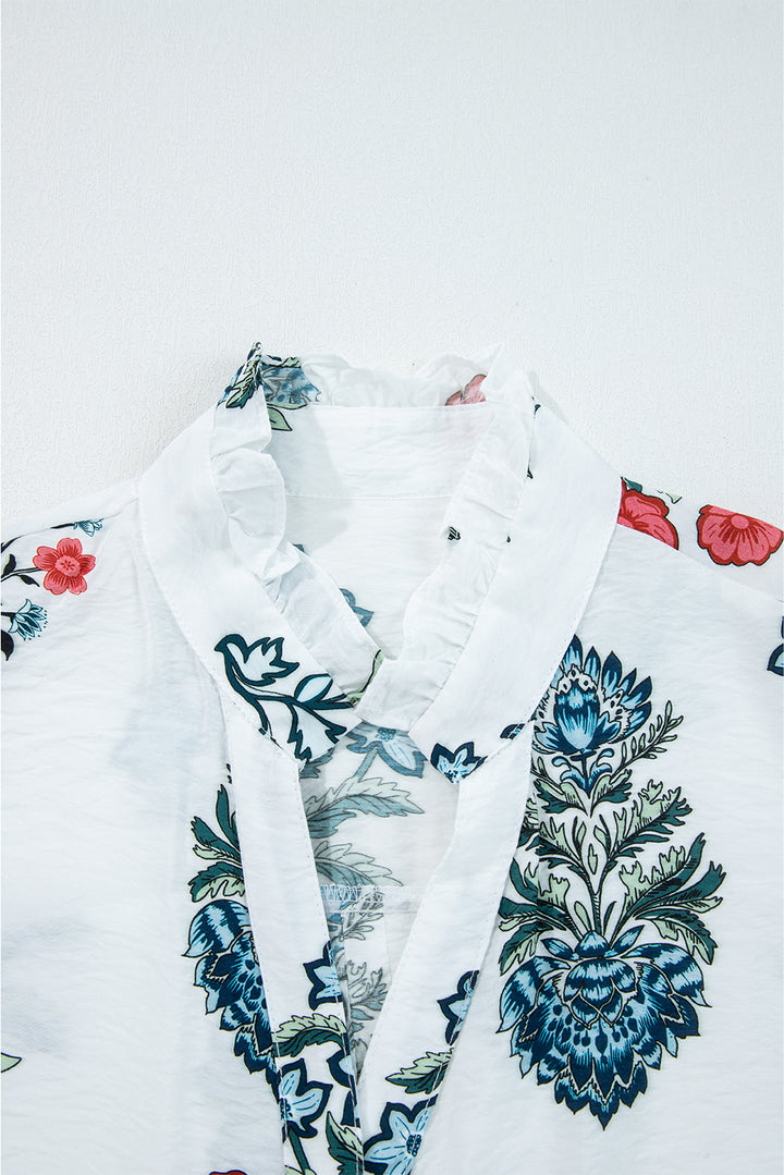 White Floral Print Frilled Collar V Neck Button Down Long Sleeve Shirt