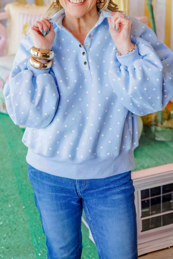 Sky Blue Polka Dot V Neck Metal Button Long Sleeve Shift Plus Size Sweatshirt