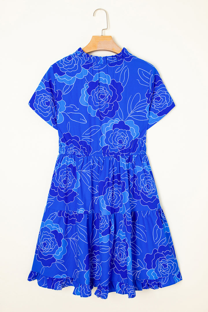 Blue Floral Ruffled Hem V Neck Short Sleeve Flowy Mini Dress