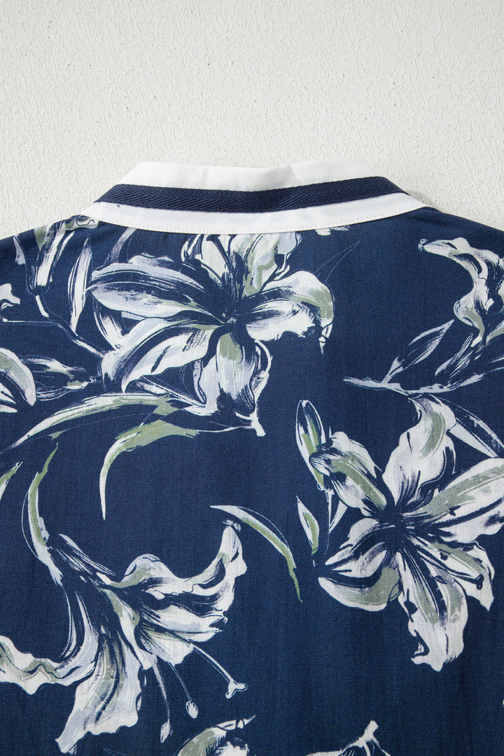 Blue Floral Print Short Puff Sleeve Striped Trim V Neck Blouse