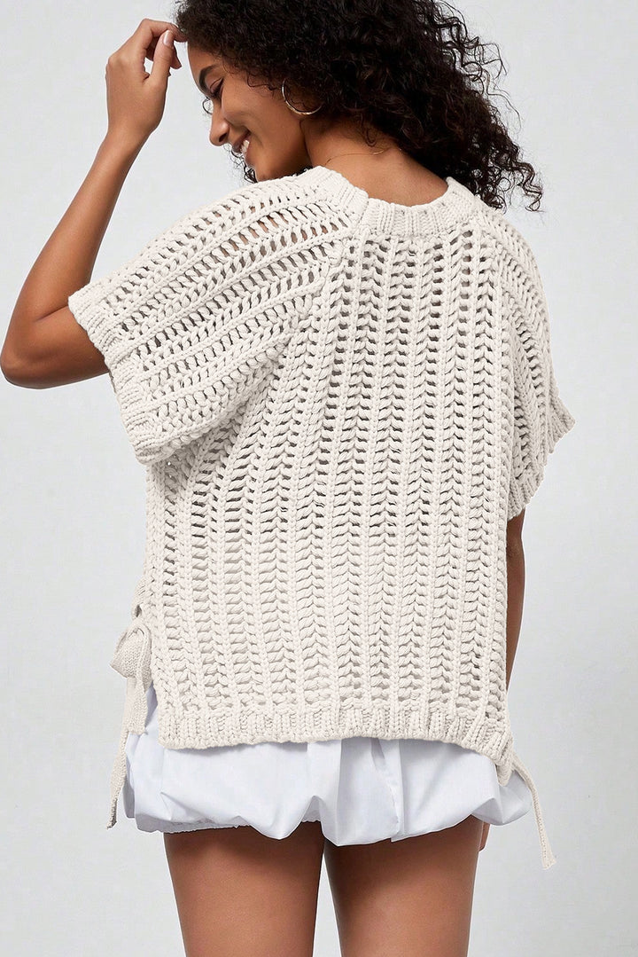 Black Plus Size Open Knit Bow Tie Short Sleeve Sweater