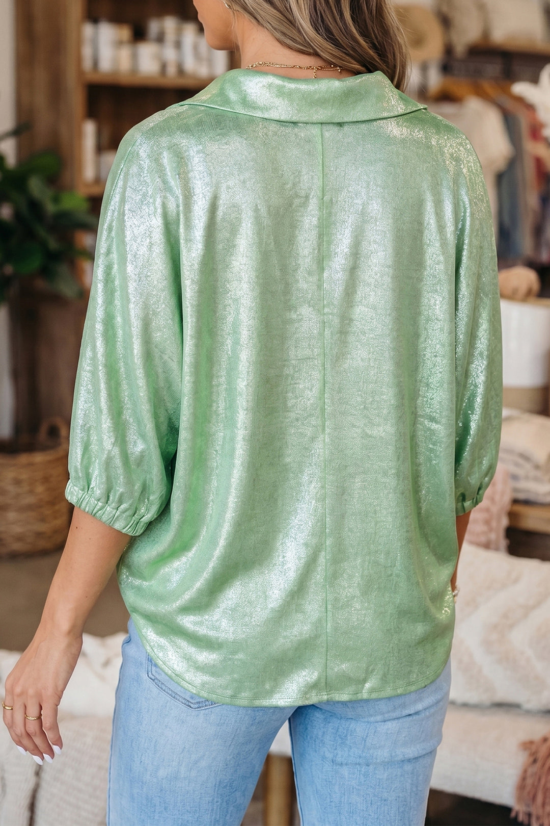 Casual Collared V Neck Half Sleeve Metallic Top