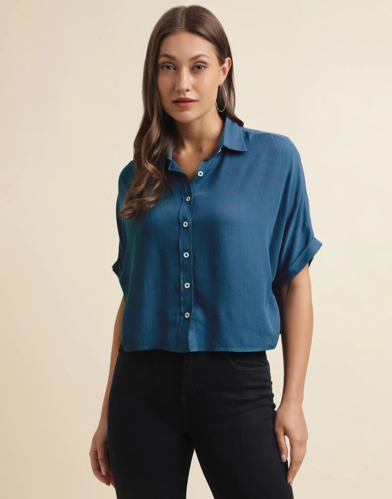 Teal Blue Casual Cotton Shirt | Women