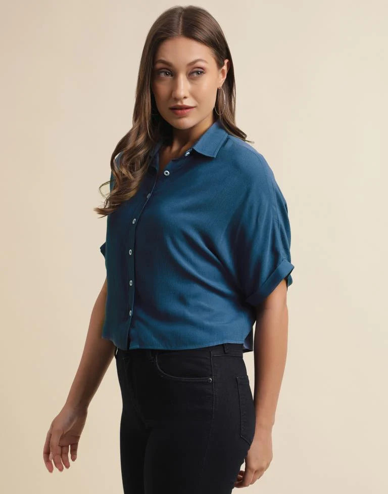 Teal Blue Casual Cotton Shirt | Women