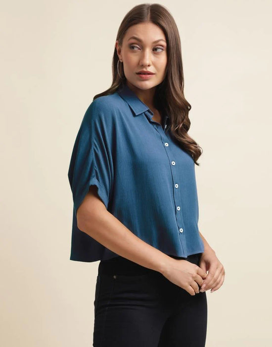 Teal Blue Casual Cotton Shirt | Women