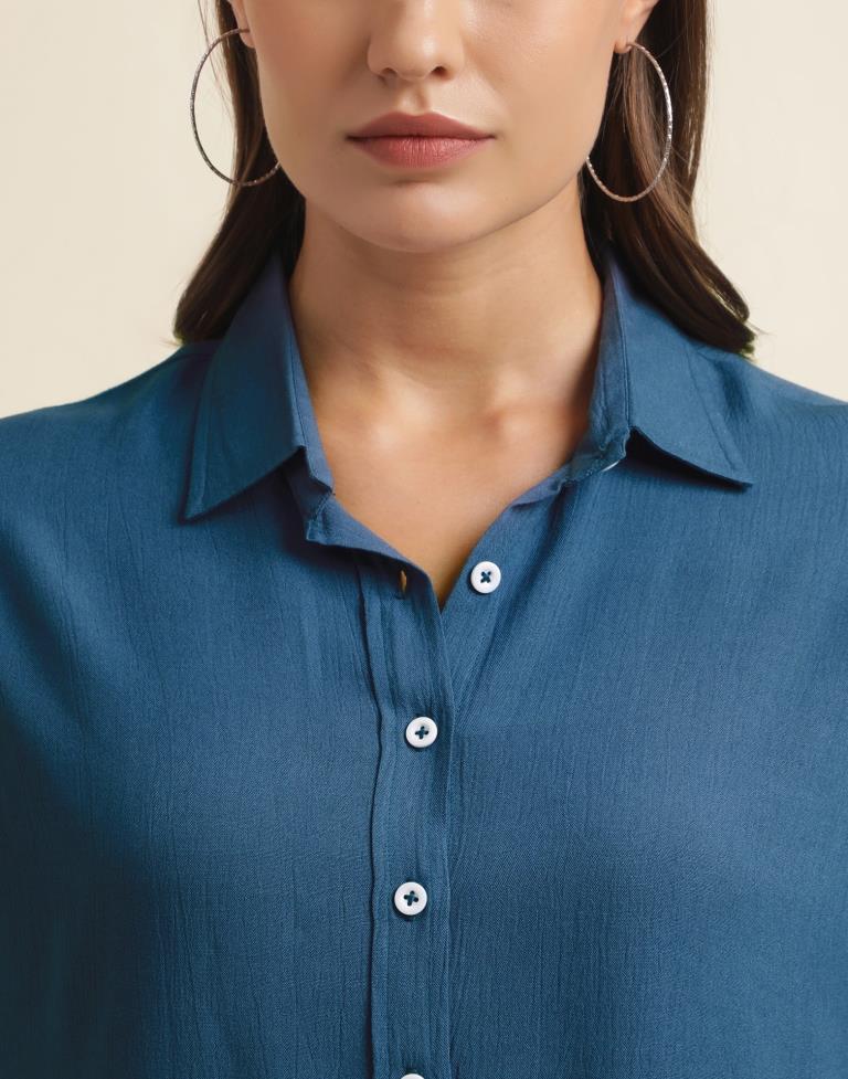 Teal Blue Casual Cotton Shirt | Women