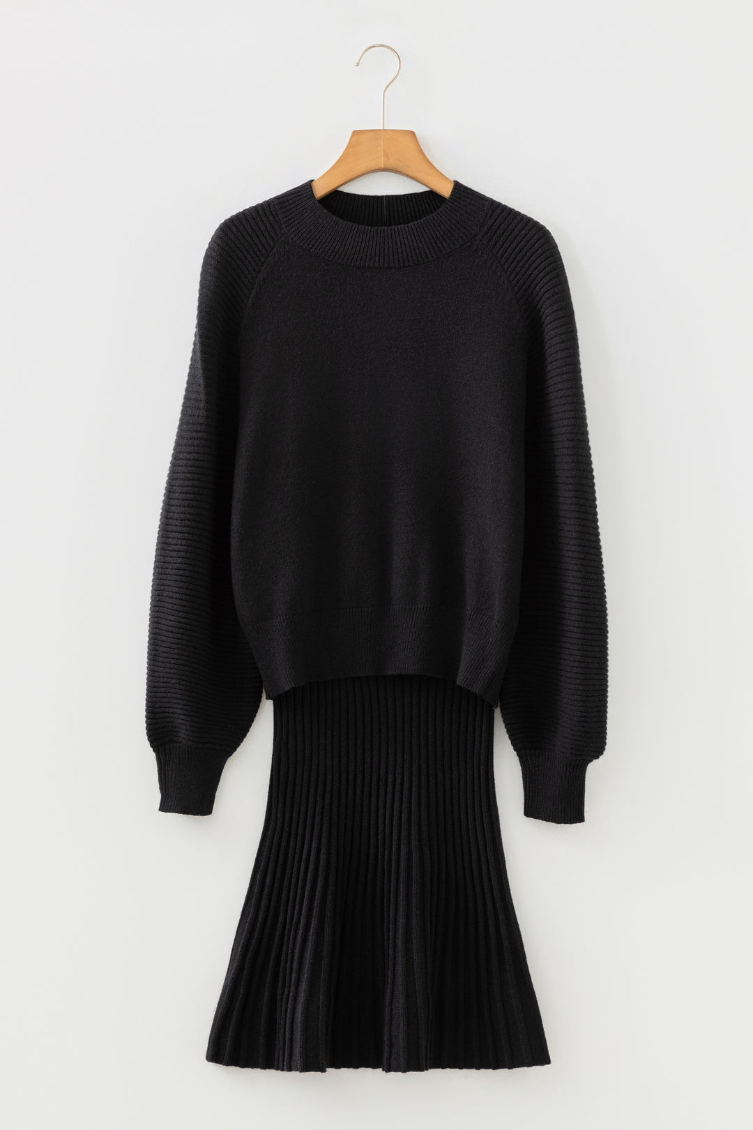 Smoke Gray Lantern Sleeve Sweater Pleated Knitted Mini Skirt Set