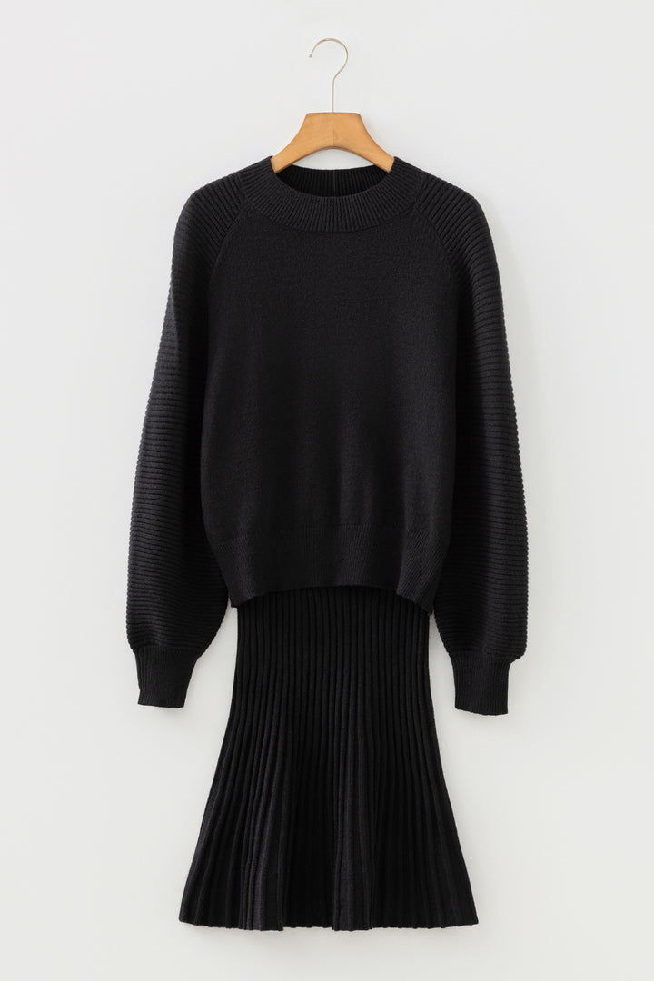 Smoke Gray Lantern Sleeve Sweater Pleated Knitted Mini Skirt Set
