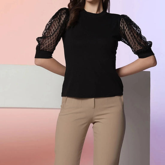 Black Puff Netted Sleeve Top - Errabelly