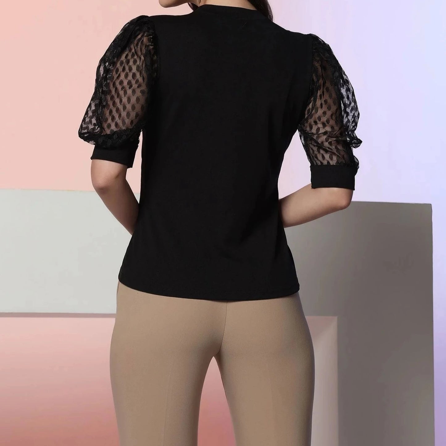 Black Puff Netted Sleeve Top - Errabelly