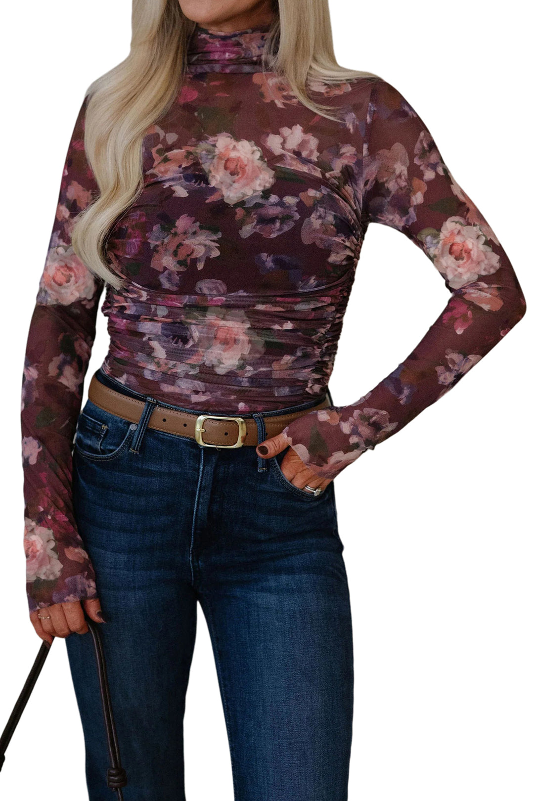 Brown High Neck Ruched Floral Mesh Top