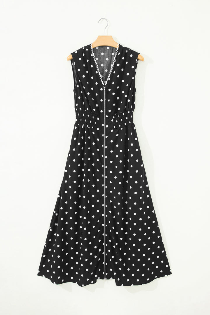 Black Polka Dot Print Contrast Trim V Neck Zip Up Sleeveless Dress