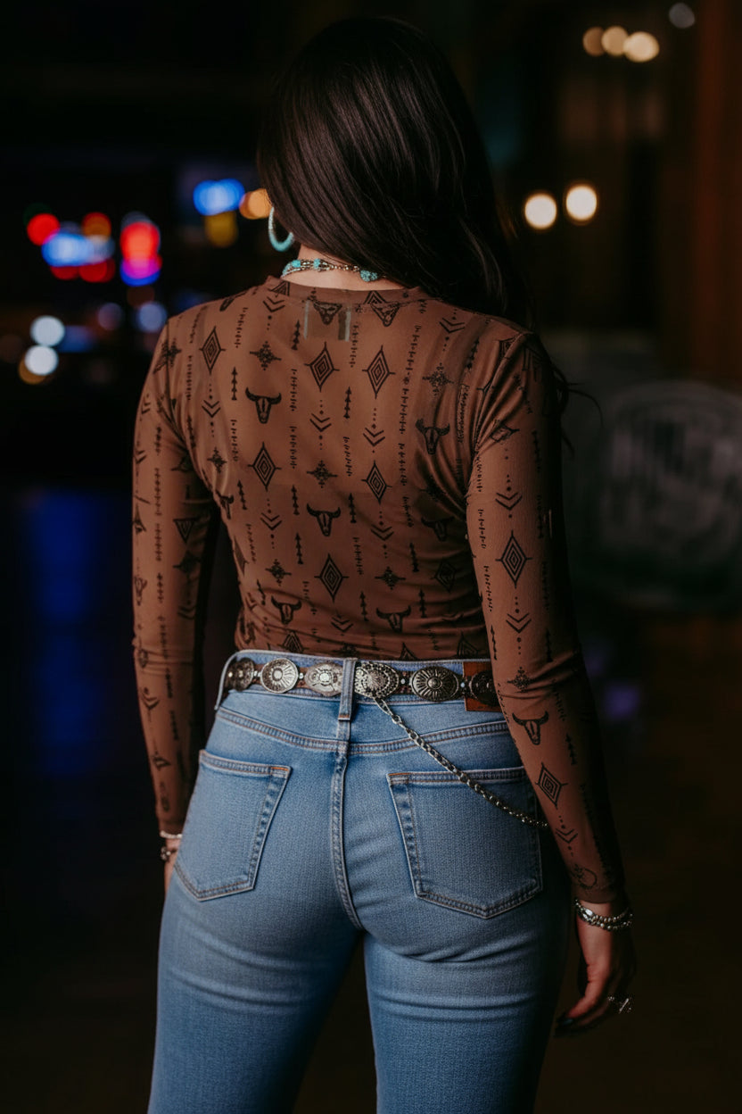 Chestnut Retro Western Print Mesh Long Sleeve Sheath Top