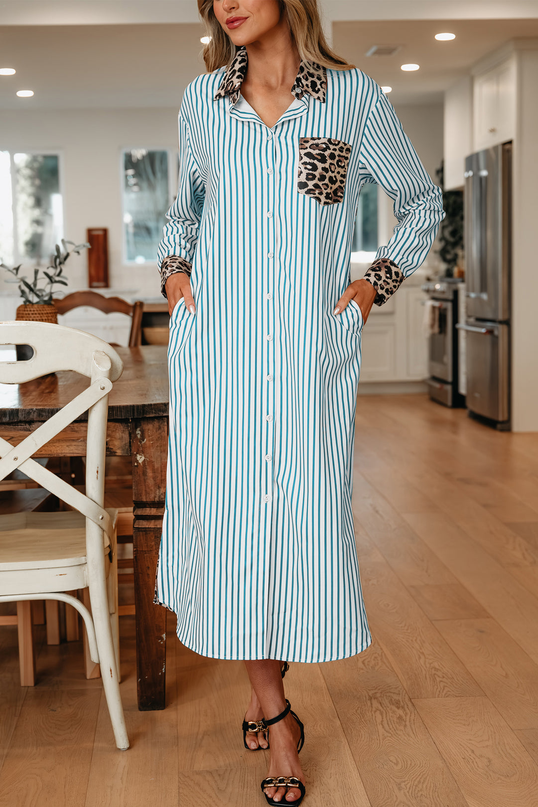 Sky Blue Stripe Contrast Leopard Patchwork Long Shirt Dress with Slits