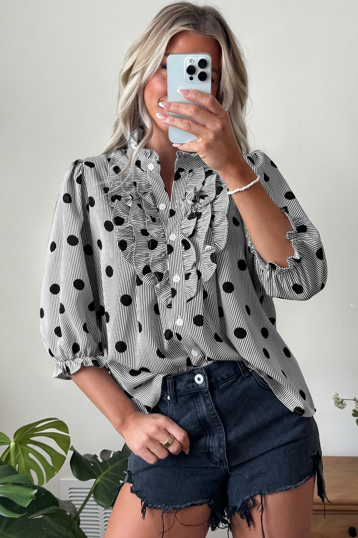 Fiery Red Polka Dot Striped Print Ruffle Stand Neck 3/4 Sleeve Shift Shirt