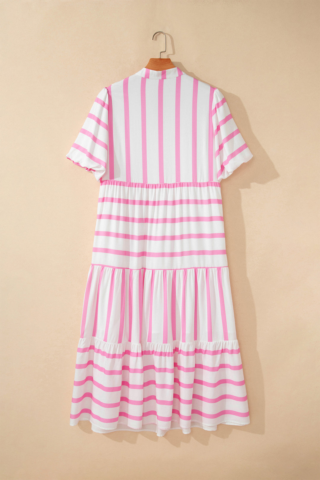 Pink Stripe Plus Size V Neck Short Puff Sleeve Tiered Maxi Dress
