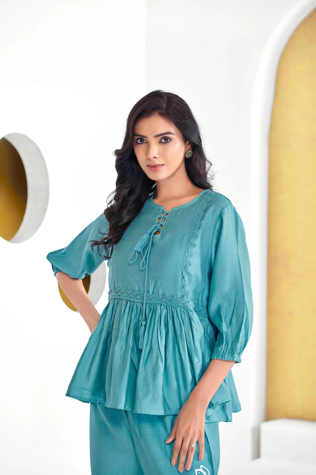 Ice Blue Floral Print Cotton Coord Set