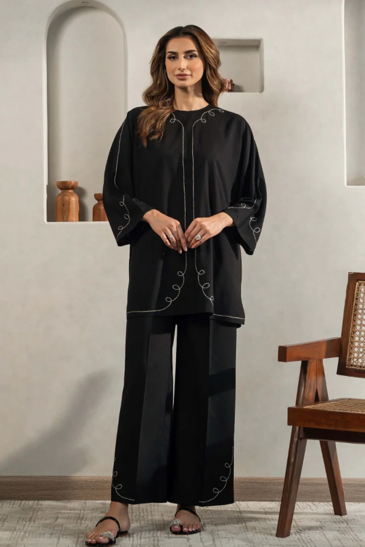Embroidery Black Italian Cotton Viscose Blend Co-Ord Set
