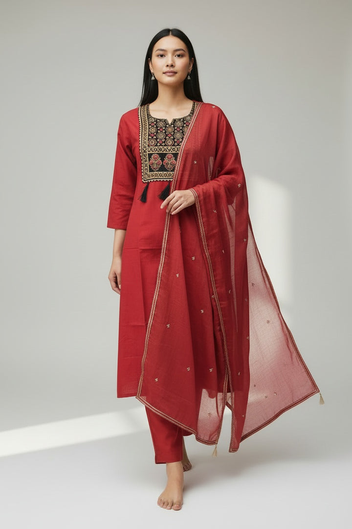 Embroidered Yoke Red Kurta Set with Straight Pants