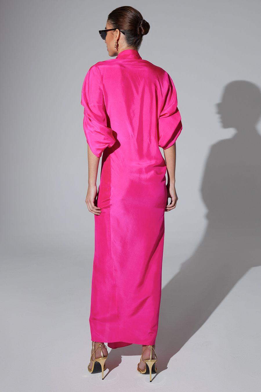 Kareena Magenta Pink Puffed Sleeves Maxi Dress