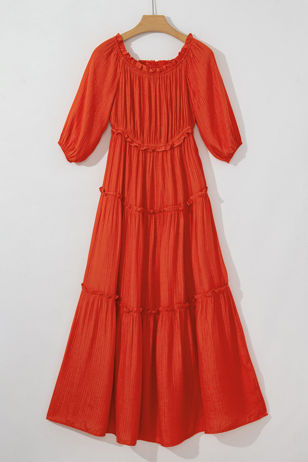 Orange Off Shoulder Balloon Sleeve Cutout Ruffled Maxi Dress  | Women