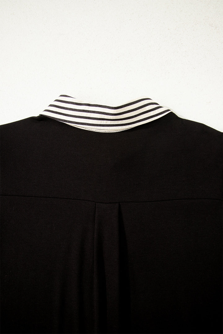 Black Stripe Detail Polo Collar Half Buttons Tied Short Sleeve Shift Mini Dress