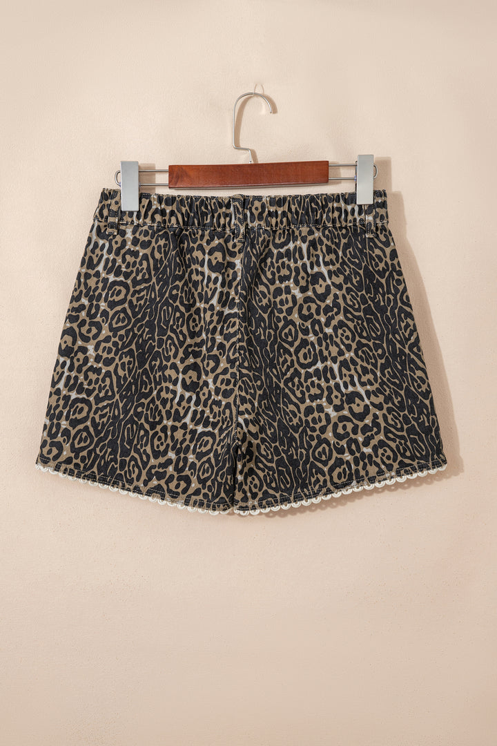 Khaki Contrast Scalloped Lace Trim Leopard Denim Shorts