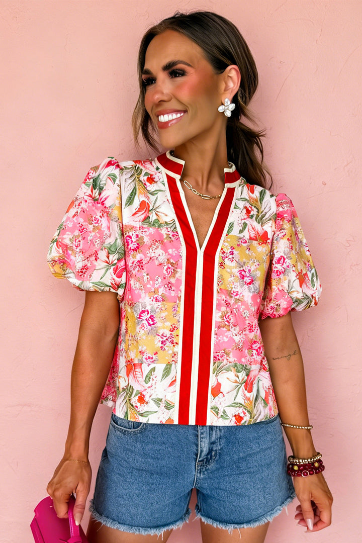 Pink Contrast Collared V Neck Short Sleeve Floral Blouse