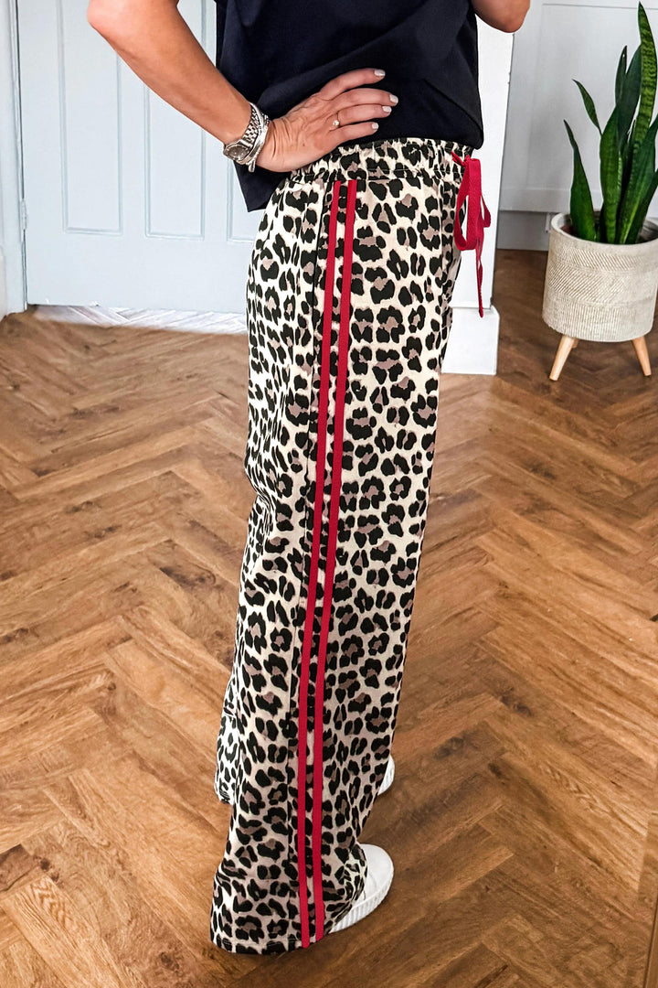 Rose Contrast Detail Tie Waist Leopard Print Casual Pants