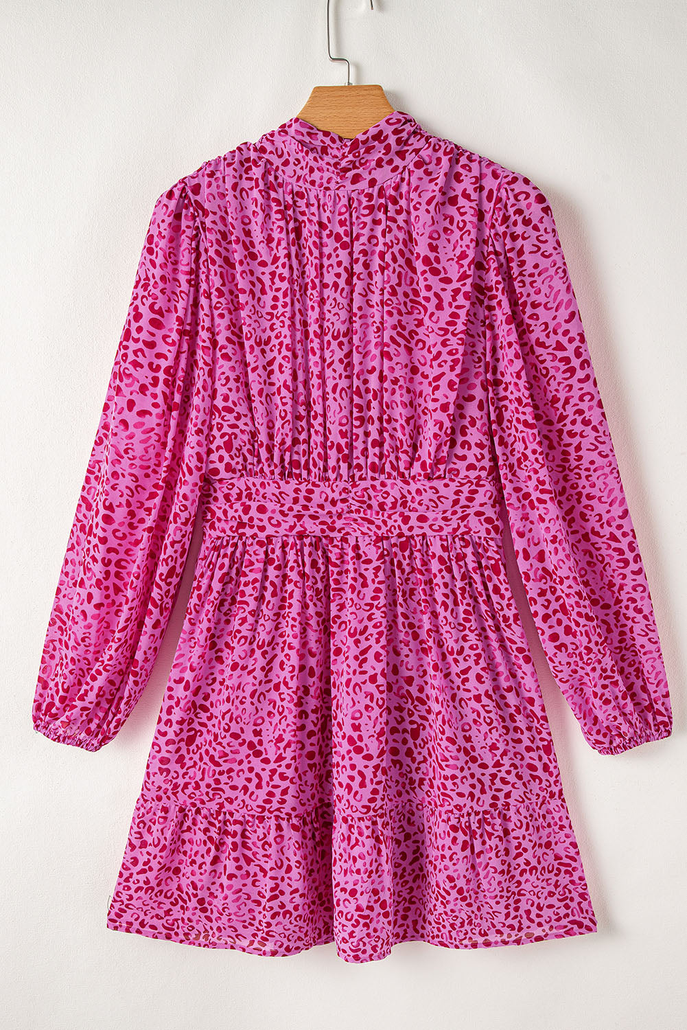 Rose Leopard Puff Sleeve Knotted High Neck Ruffle Dress