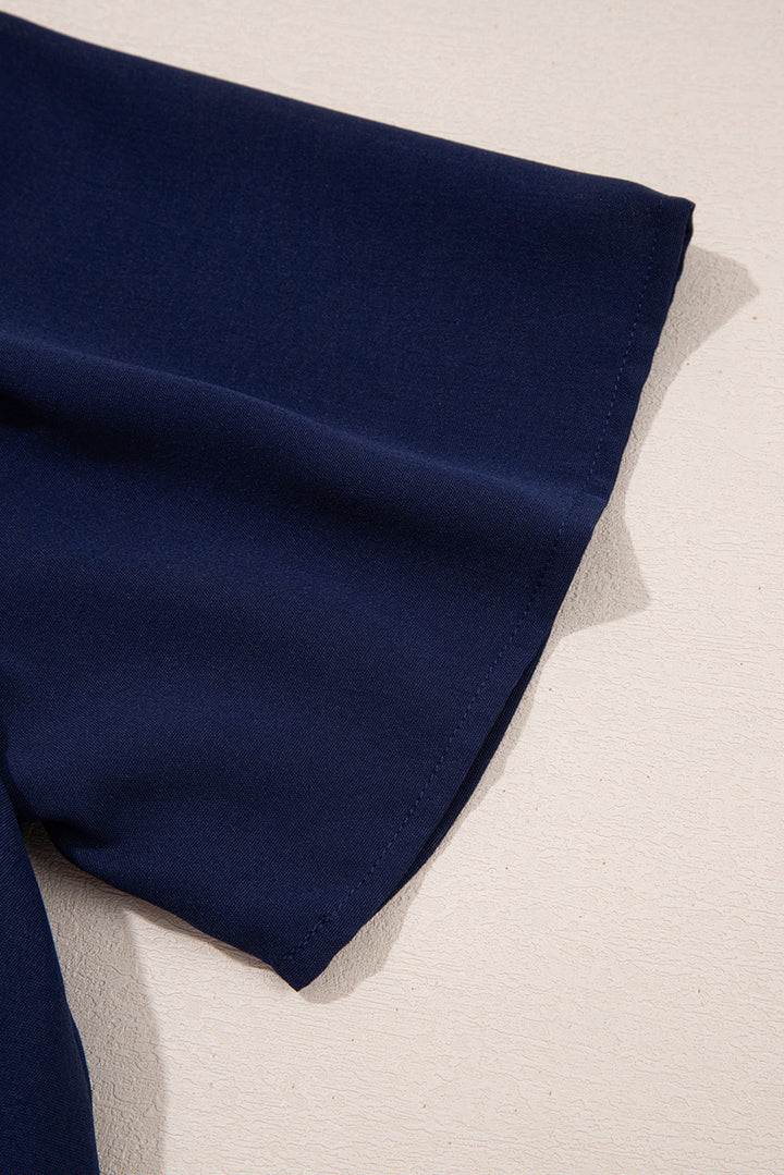 Navy Blue V Neck Buttoned Front Shirred Back Short Sleeve Midi Dress