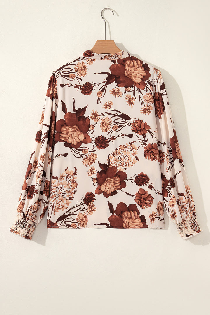 Brown Floral Print Button Down Poet Sleeve Shirt