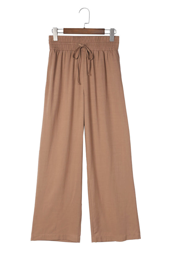 Brown Drawstring Elastic Waist Casual Wide Leg Pants | Women