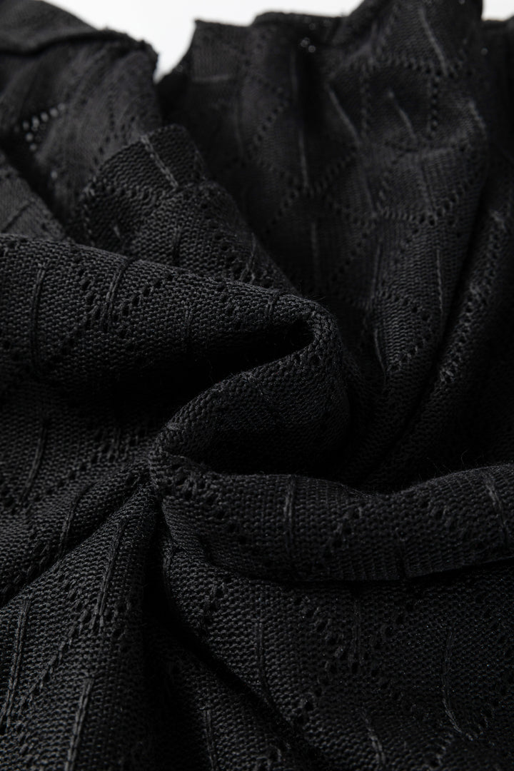 Black Pointelle Rhombus Knit Plus Size V Neck Loose Top