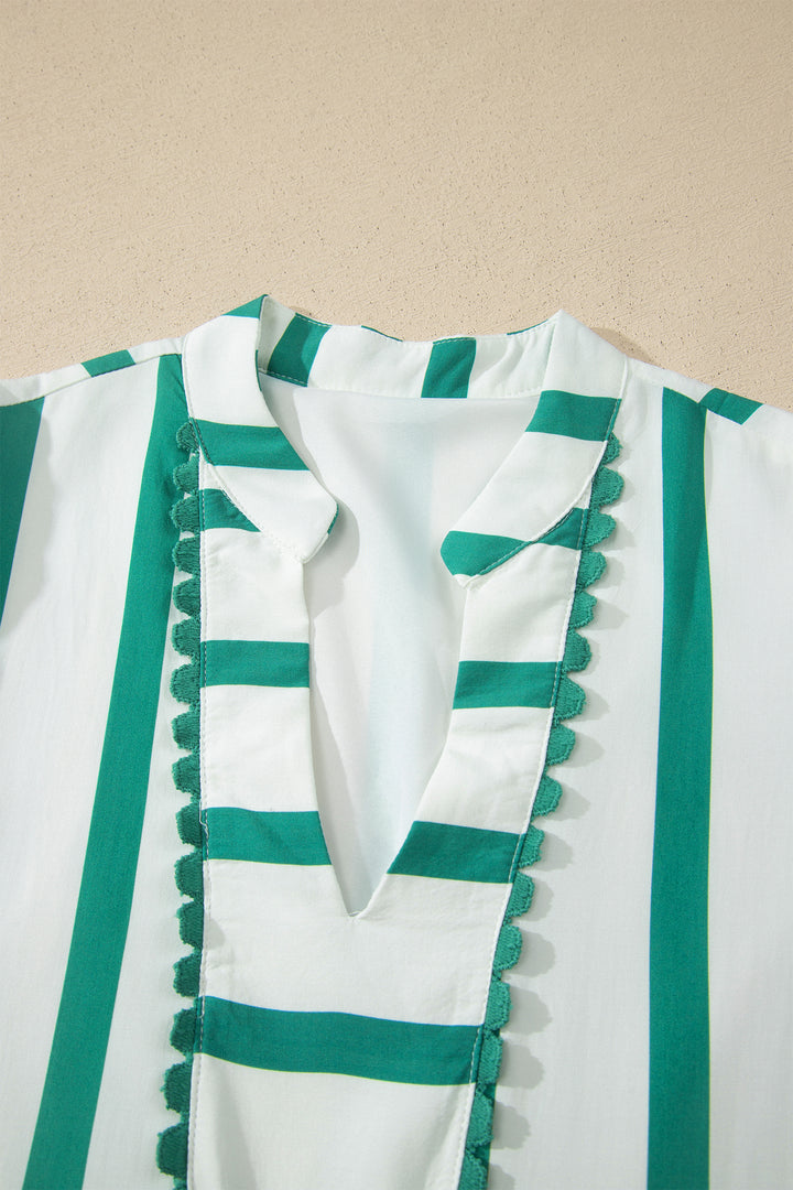 Sky Blue Stripe Ricrac Trim Notched Neck Half Sleeve Vacation Dress