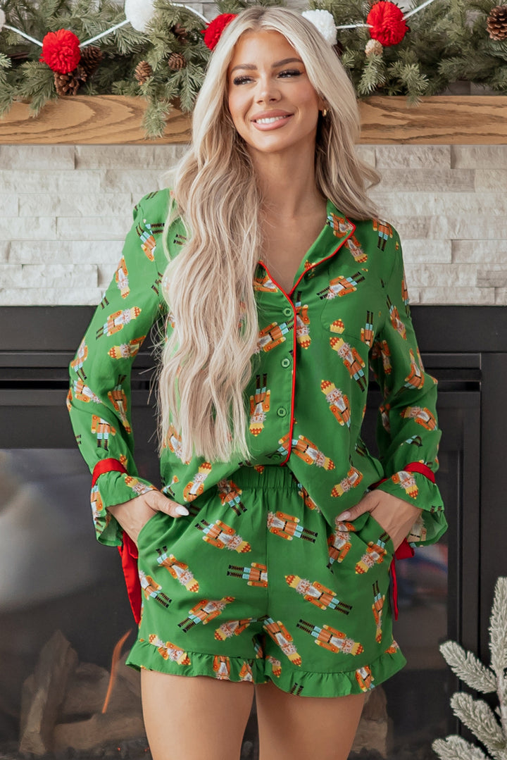 Green Christmas Candy Contrast Trim Bow Knot Silky 2pcs Pajama Set