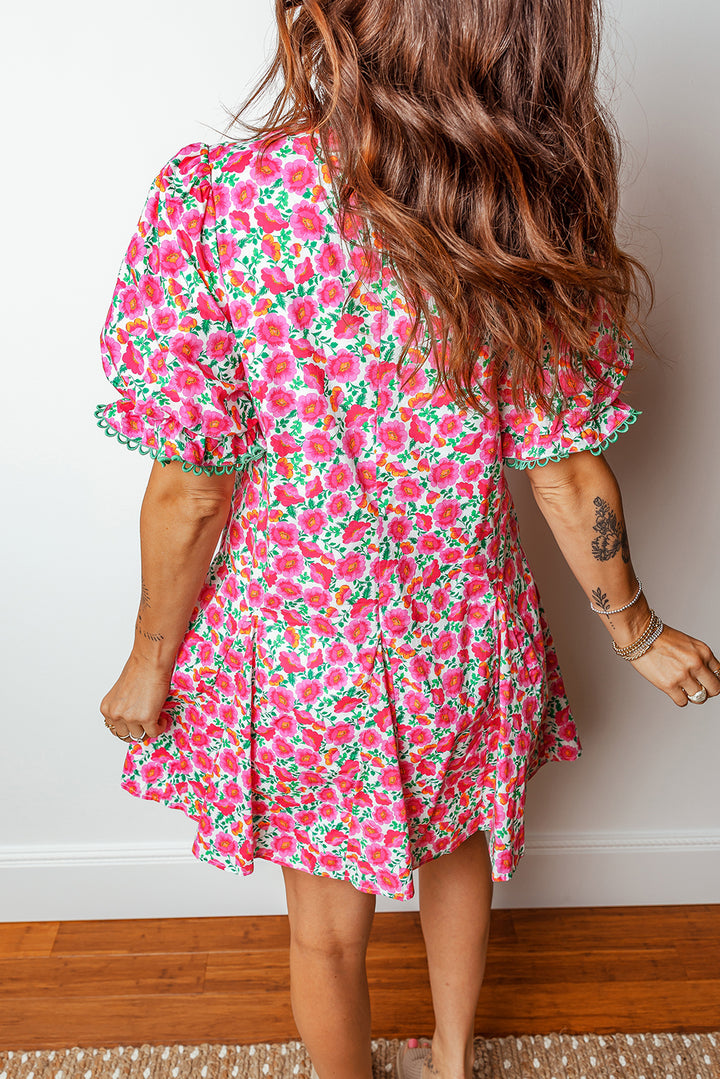 Pink Floral Print V Neck Patchwork Short Bubble Sleeve Mini Dress