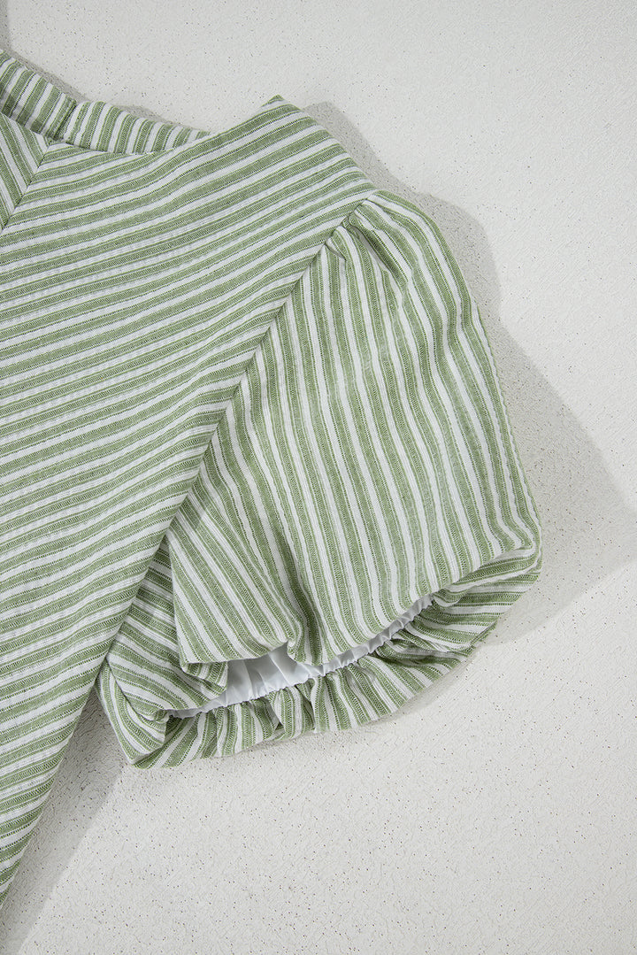Green Stripe Textured Round Neck Short Puff Sleeve Blouse